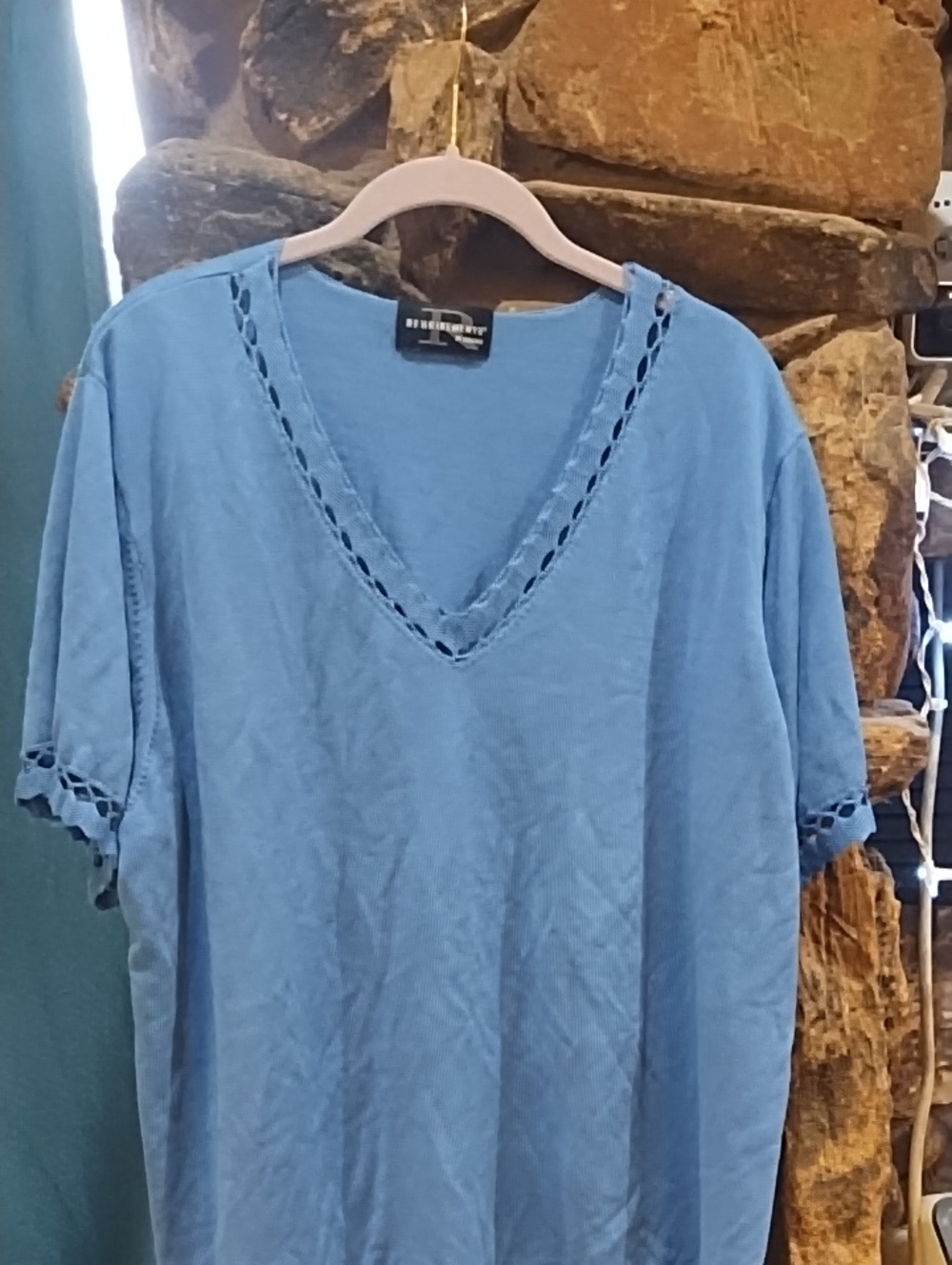 Requirements Light Blue V-Neck Crochet Trim Tee